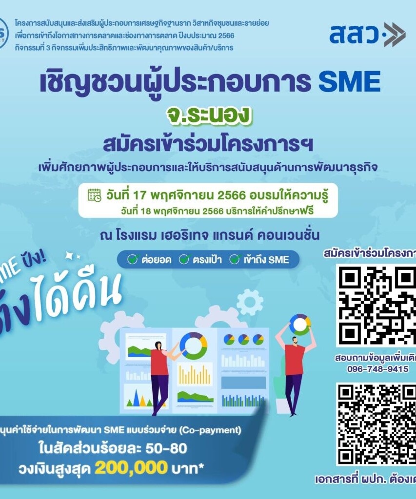 เชิญชวนผู้ประกอบการจังหวัดระนอง ที่สนใจเข้าร่วมโครงการกับทาง สสว.  ***กิจกรรมดีๆ ให้พี่น้อง SME ชาวระนอง ***